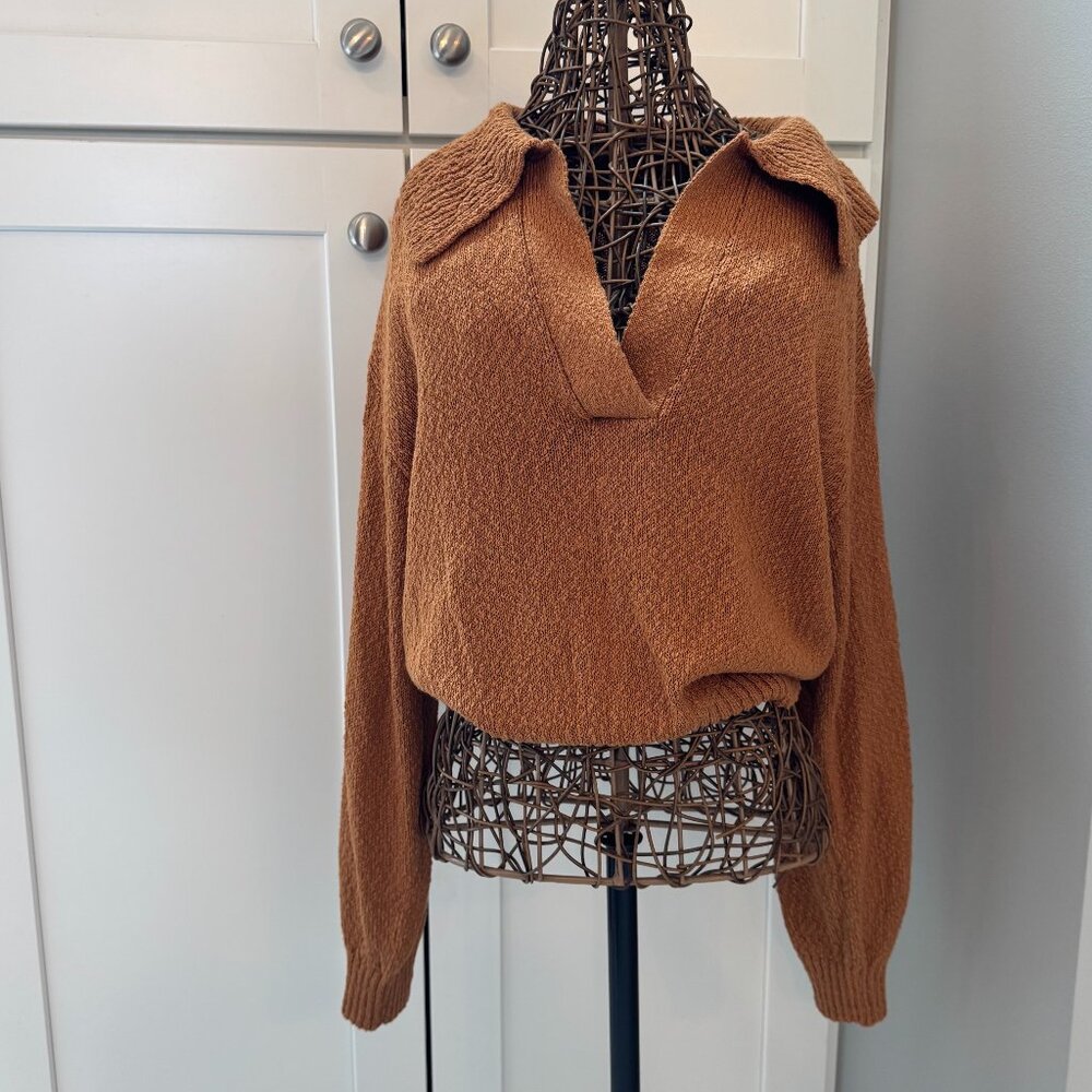 Anthropologie Maeve | V-Neck Polo Sweater | Rust Orange | Size Large (NWOT)